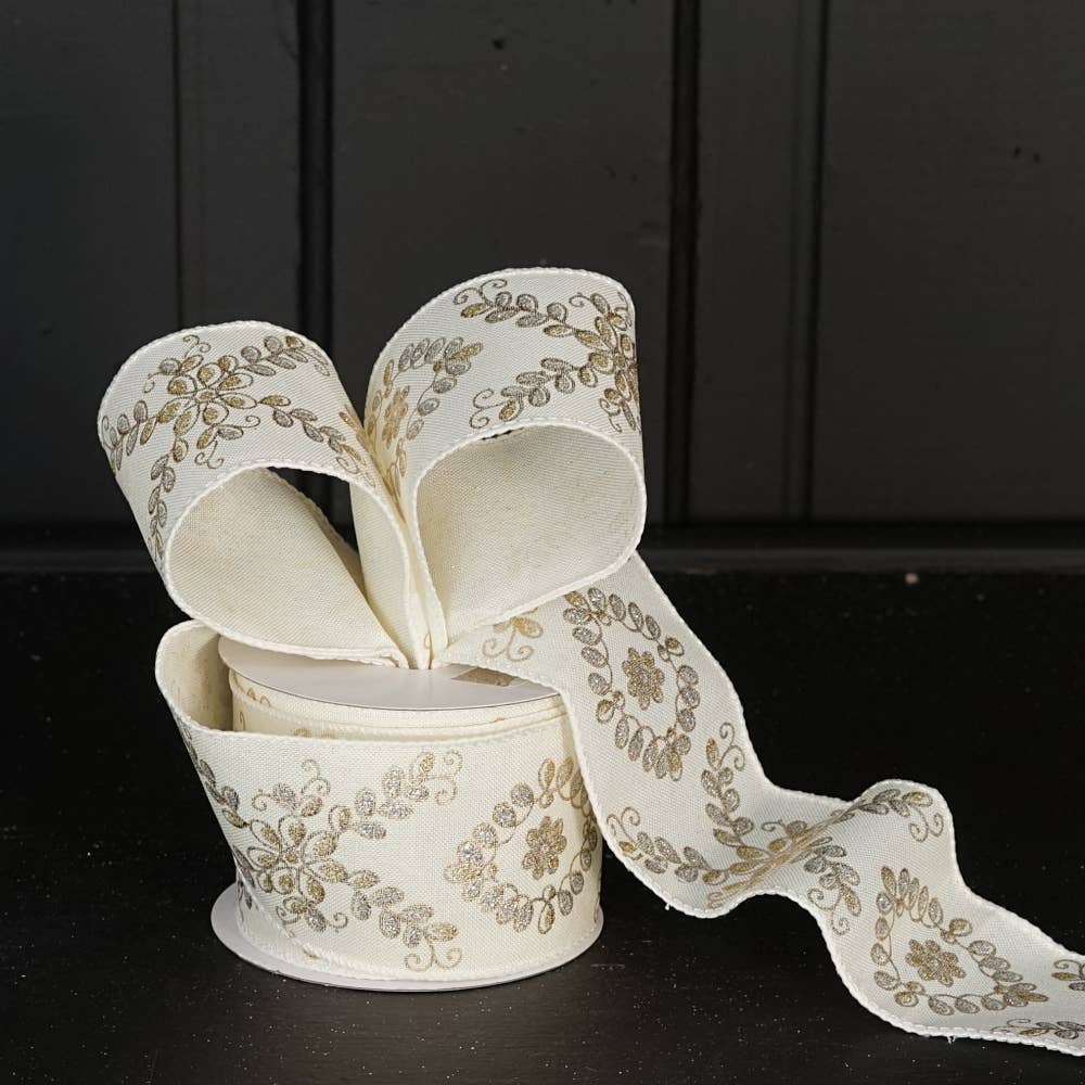 R32928-Wired Ribbon-Cream Burlap w. golden leaves (2.5inW)