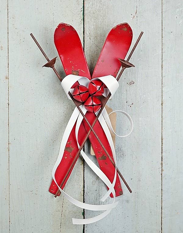 M10812- 13inL Distressed Red Metal Ski Ornament