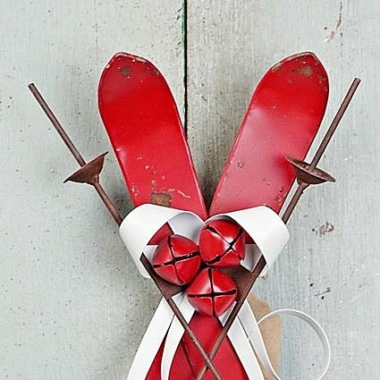 M10812- 13inL Distressed Red Metal Ski Ornament