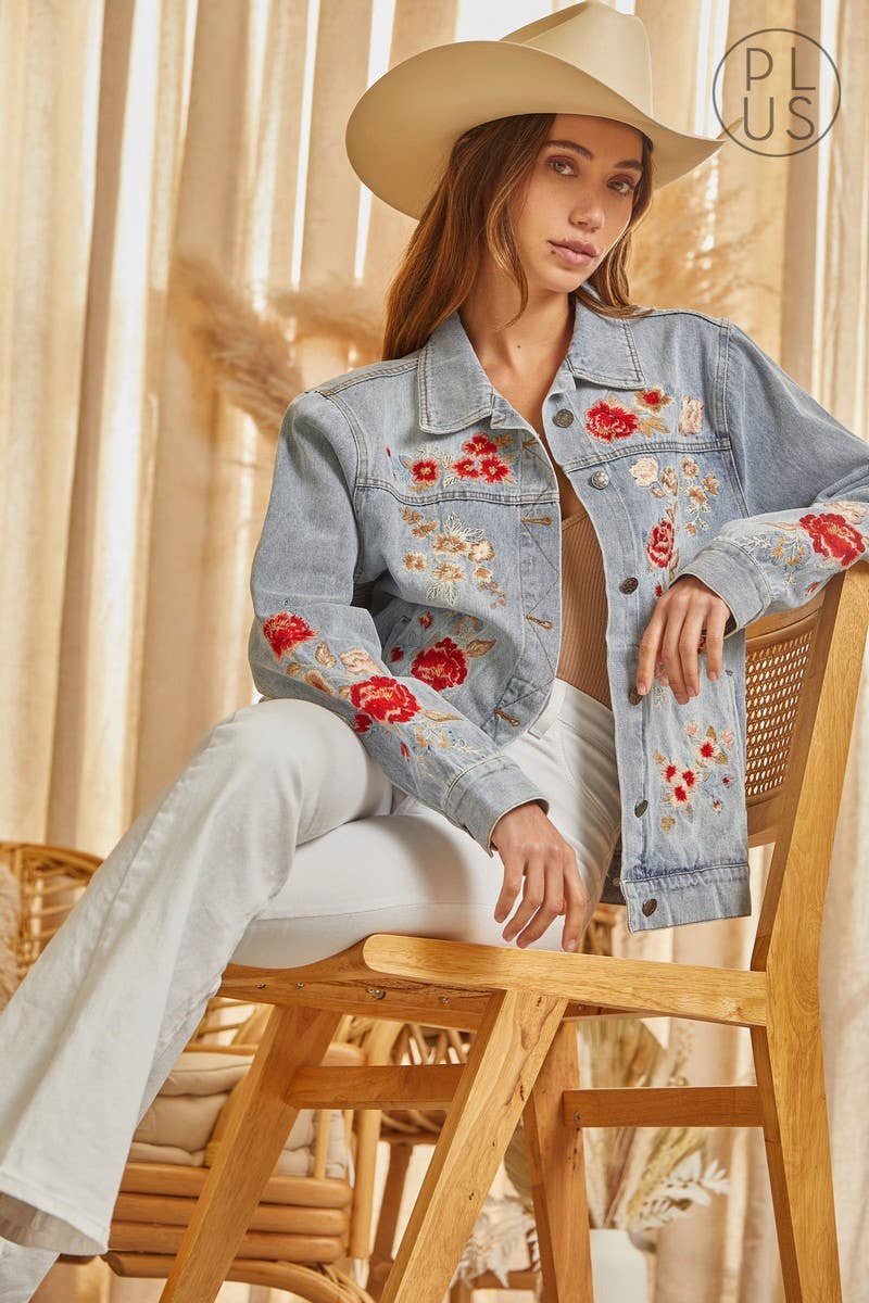 PLUS Floral Embroidered Denim Jacket PT10830