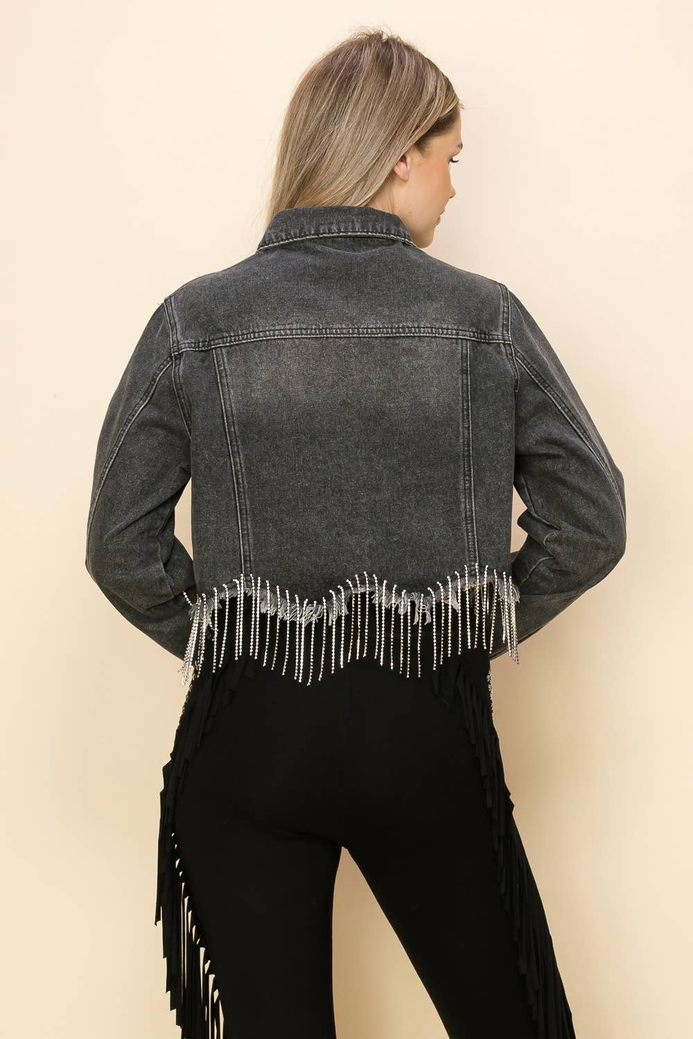 RHINESTONE SCALLOPED HEM DENIM JACKET