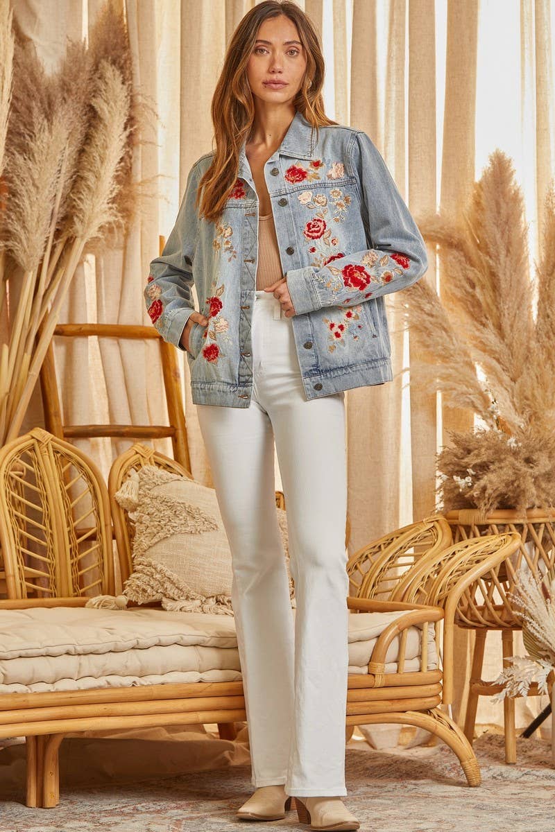 Floral Embroidery Denim Jacket T10830