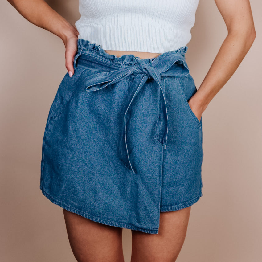 Cruel Summer Denim Wrap Skort