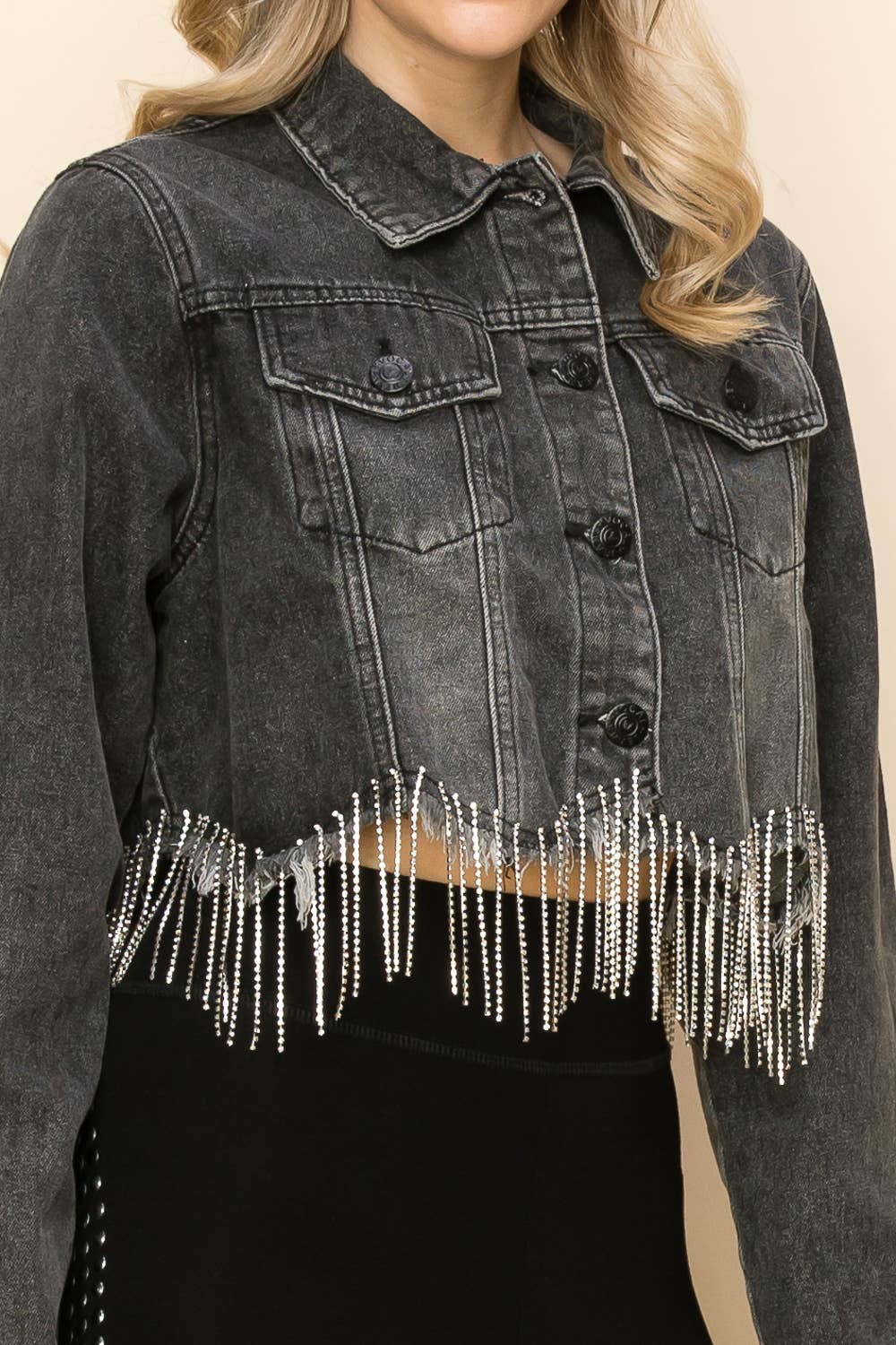 RHINESTONE SCALLOPED HEM DENIM JACKET